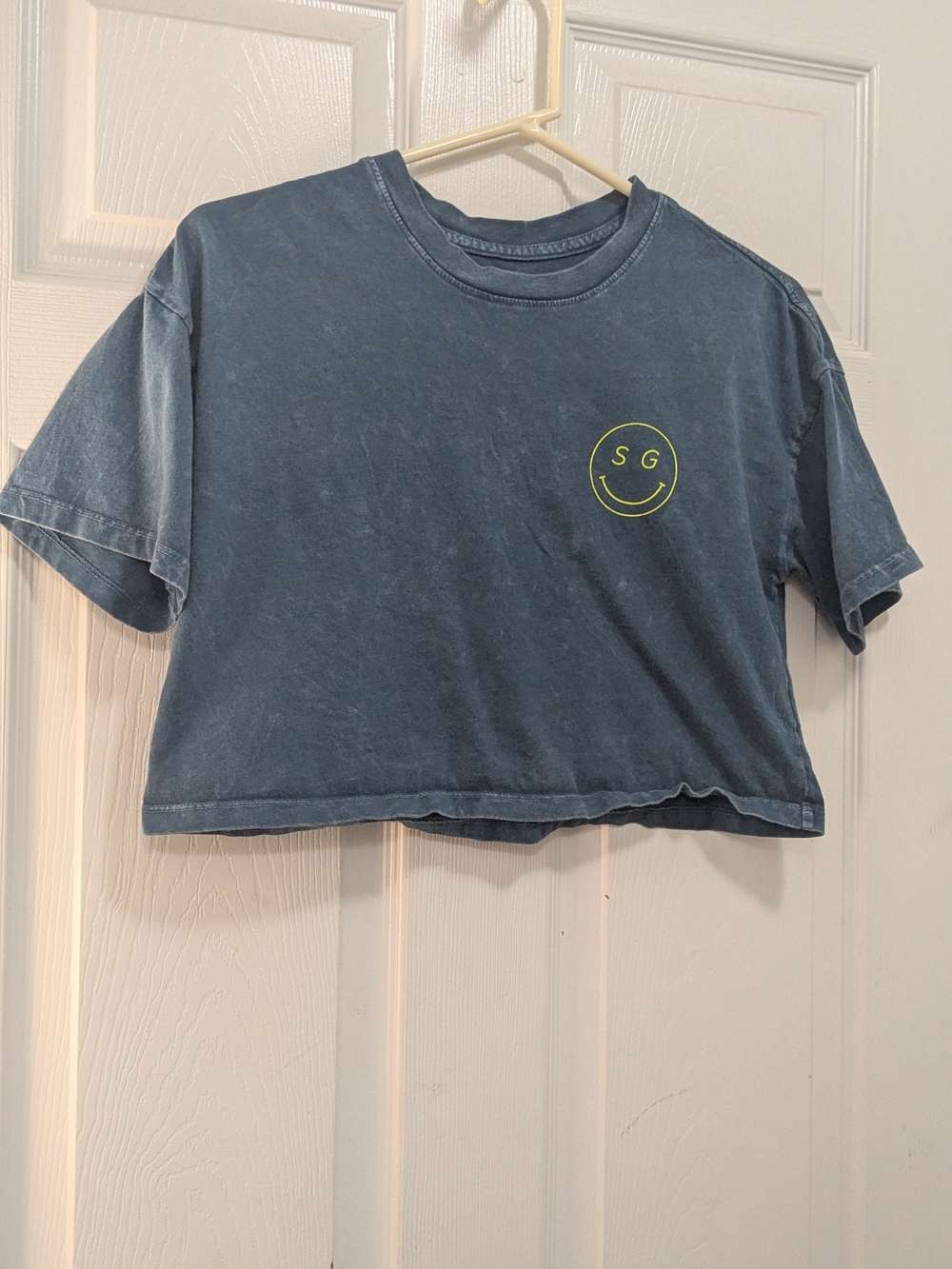 Spiritual Gangster Washed Blue Cropped Tee with Neon Yellow Smiley